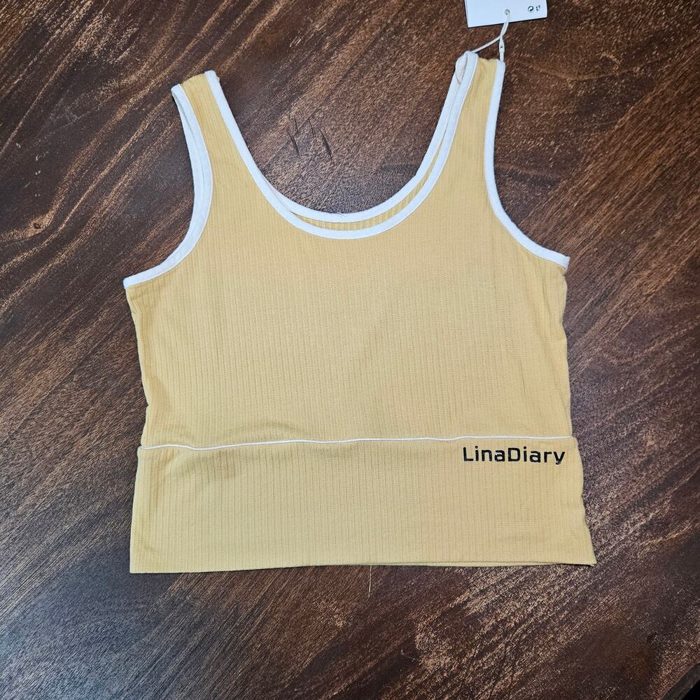 NWT LinaDiary Yellow Ribbed Crop Tank Top Contrast Trim Size F (XS/S)
